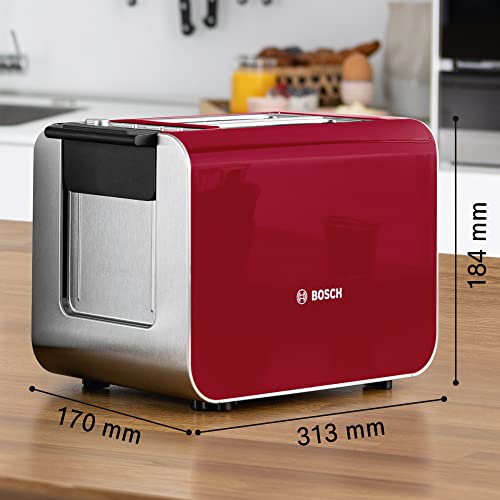 Bosch Kompakt Toaster Styline TAT8614P, integrierter Edelstahl-Brötchenaufsatz, mit Auftaufunktion und Aufwärmfunktion, perfekt für 2 Scheiben Toast, breit, Liftfunktion, Brotzentrierung, 860 W, rot