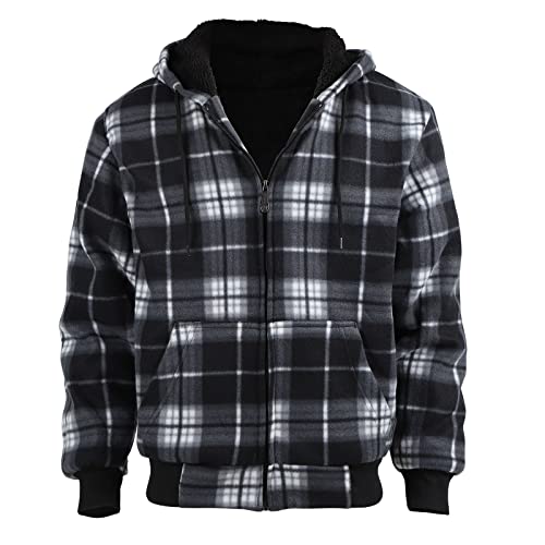 Yasumond Flannel Hoodies Men Zip Up Sherpa Lined Heavyweight Winter Warm Coats Black XL