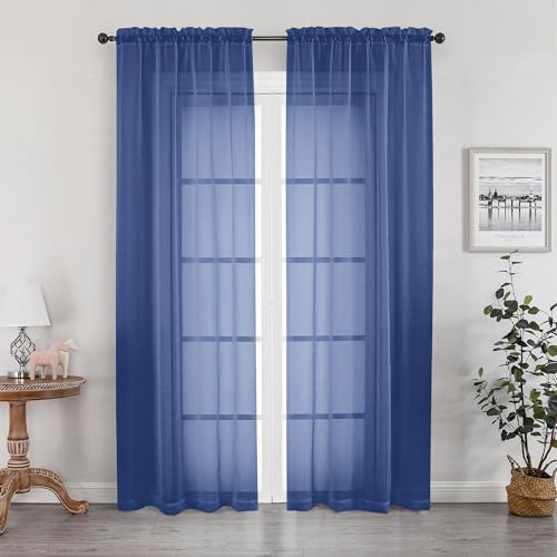 Image of OWENIE Sheer Curtains 78 Inches Long 2 Panels Set for Bedroom Living Room, Light Filtering Voile Blue Sheer Curtain, Airy Rod Pocket Farmhouse Curtains, Royal Blue, Each 42Wx78L inch