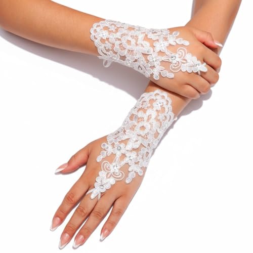 Unsutuo Lace Gloves Wedding Fingerless Rhinestone Gloves Short Bridal Glove for Women and Brides (white one size)