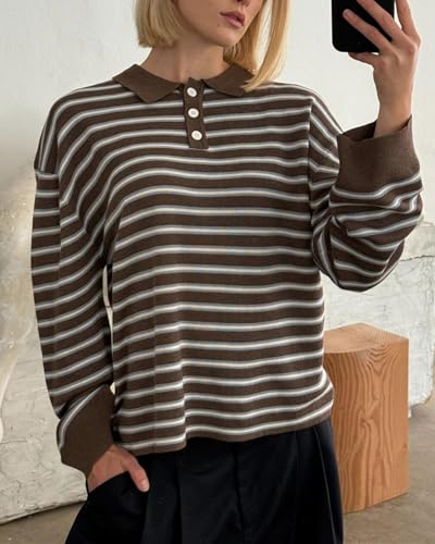 Womens Striped Polo Sweater Vintage Aesthetic Preppy Long Sleeve Oversized Knitted Rugby Shirts Sweatshirt2