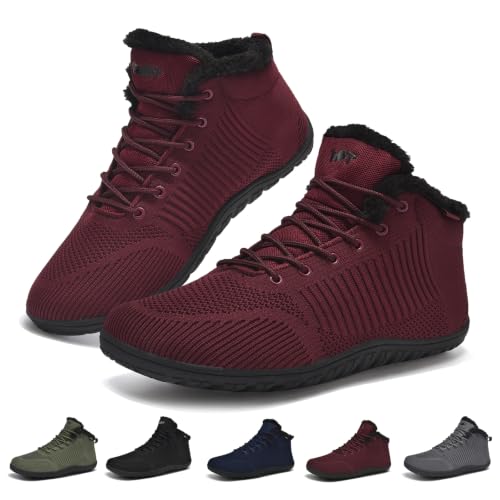 Geweo Winter Barfußschuhe Damen Warm Gefüttert Winterschuhe Weinrot 40 | Barfuß Winterstiefel mit Breiter Zehenbox Minimalistische Barfuss Schuhe Herbst Barefoot Sneaker Winterboots Stiefeletten