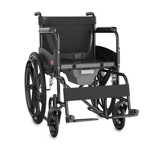Easycare U Cut Square Commode Wheelchair for Old People and Patient, Suitable for Indoor & Travel-Friendly with Adjustable & Comfort Seat Belt with Footrests, Wheel Chair for Toilet