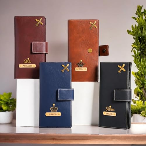 Image of Thebaegift Personalized Name & Charm Long Leather Wallet Passport Cover with Passport Boarding Pass Currency Card Slot & Coin Holder for Men & Women |Corporate Office Gift Employee Colleagues