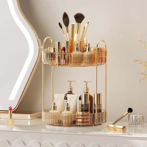 Image of 360 Rotating Makeup Organizer, Upgraded 2 Tier Skincare Perfume Organizers for Women, Bathroom Organizer Countertop, Clear Cosmetic Dresser Organizer with Makeup Brush Holder, Sink&Counter(Amber)