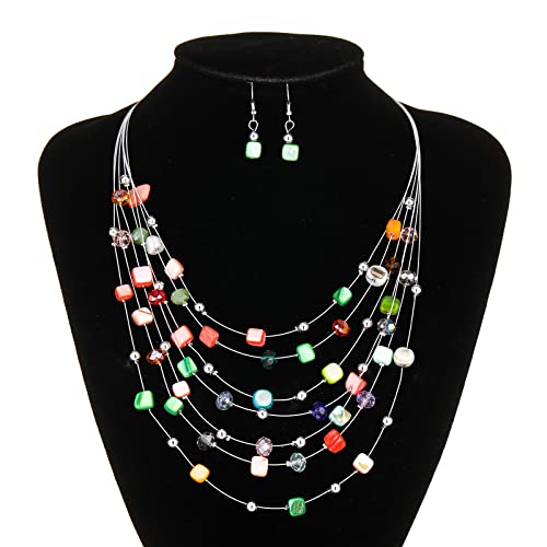Multi-Layer Boho Shell Beaded Necklace For Women Colorful Crystal Strand With Silver Beads Statement Collars Necklace And Earrings Costumes Jewelry Sets For Women(Colorfol) #TOP3