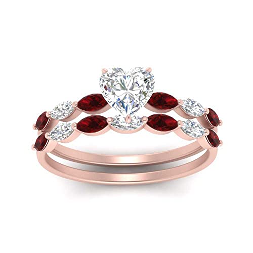 Image of 55Carat Choose Your Gemstone Single Prong Marquise Diamond CZ Ring and Band Rose Gold Plated Heart Shape Wedding Ring Sets Matching Jewelry Wedding Jewelry Easy to Wear Gifts US Size 4 to 12