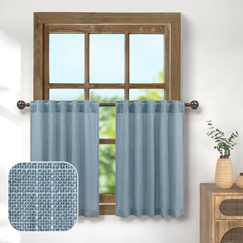 Pitalk 30 Inch Length Curtains Tiers for Bathroom Back Tab Pocket Cafe Short Semi Sheer Light Blue Valance Curtain for Bedroom Small Kitchen Window Curtain Over Sink 30x30 in Long Stone Blue Grey Gray
