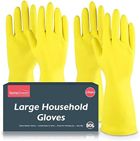 SOL 2 Pairs Household Rubber Gloves Large | Yellow Gloves | Washing Up Gloves Large | Non Slip Cleaning Gloves | Bathroom and Kitchen Gloves | Dishwashing Gloves | Large Rubber Gloves