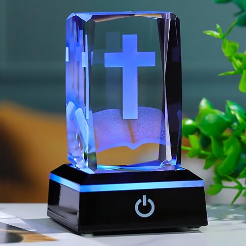 Image of Qianwei 3D Crystal Cross Bible Figurine with Colorful Light Base, Laser Engrave Religious Gifts for Women Man Christian Gifts for Friend Sister