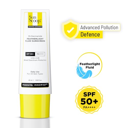 Image of SunScoop 3% Niacinamide Fluid Sunscreen SPF 50+ PA++++ Broad Spectrum| In-Vivo Tested| Lightweight & Non greasy| Prevents Tanning| No White Cast| Non-Comedogenic| For All Skin Types (45ml-Pack of 2)