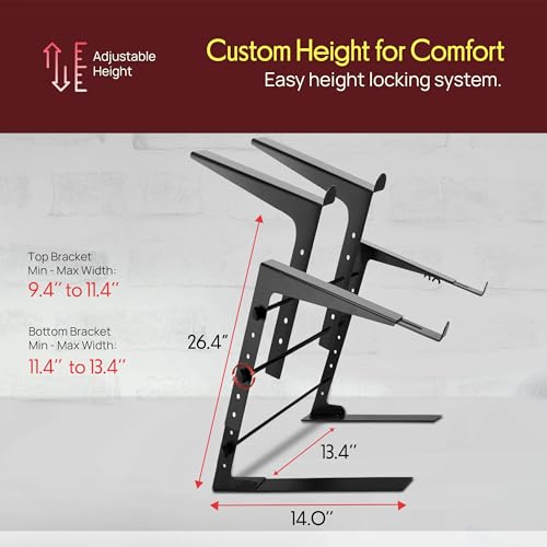 Pyle Portable Dual Laptop Stand - Standing Table with Adjustable Height, Ergonomic Design & Anti-Slip Prongs for DJ Mixer, Sound Equipment, Workstation, Gaming & Home Use - PLPTS38, Black