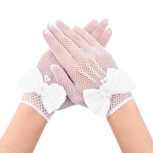 Girls Tea Party Gloves -Pearl Bow Tie Fish Net- Flower Girl Accessories for First Communion, Pageant,Wedding Halloween Cosplay Costume