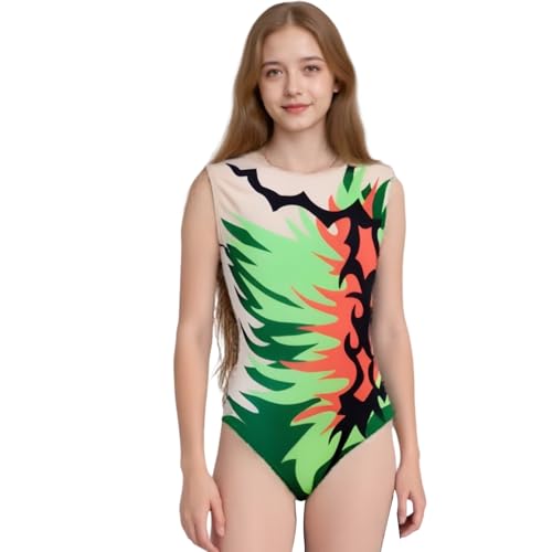 LIUHUO Girls' Synchronized Swimming One Piece Green Colourful Handmade Swimsuit Competition Performance
