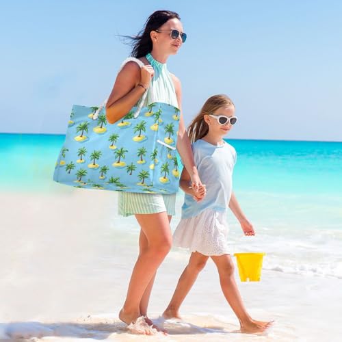 JUNZAN Tropical Trees Blue Beach Tote Bag with Handles Swim Pool Bag Beach Totes Bags for Women with Waterproof Pockets2