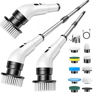 Bizcasa Brosse Rotative Nettoyage Electrique 9 en 1, Rechargeable, avec Tige télescopique et 9 têtes de Brosse Interchangeables pour Salle de Bain Cuisine Voiture, 3 Vitesses Réglables (Blanc)