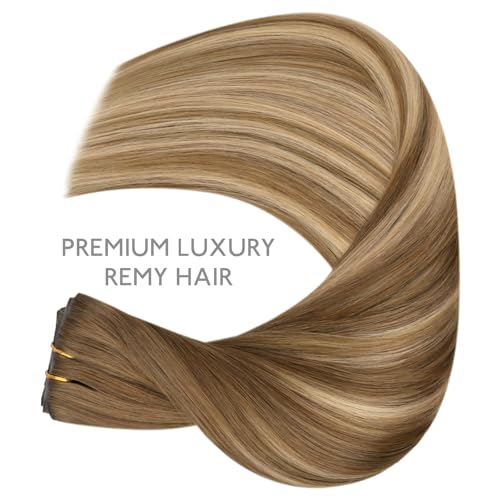 Image of WENNALIFE Invisible Edge Seamless Clip in Hair Extensions Real Human Hair | 22'' 150g 7pcs Balayage Chestnut Brown Mixed Dirty Blonde. Thin PU Weft, Easy, Comfortable Clip in Remy Hair Extensions