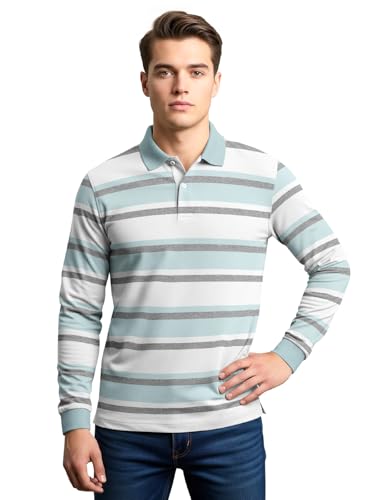 Image of BULLMER White Striped Printed Polo Neck Fullsleeve Tshirt with Rib for Men.