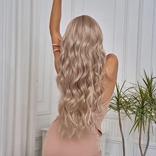 Peluca mujer larga ondulada con flequillo cortina – Peluca gris blanco sintética resistente al calor – Pelucas pelo natural con redecilla – Apta para todo tipo de piel y rostro