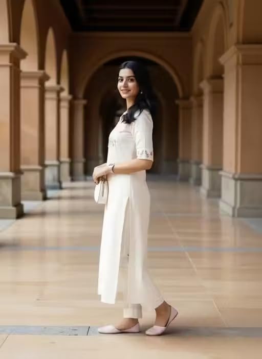 Image of eightone Women's White Cotton Straight Kurti with Floral Embroidery, Pin-Tuck Yoke, Casual Ethnic Wear