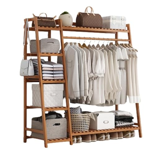 Minimalist Bamboo Clothes Rail with Shelves - Open Wardrobe &