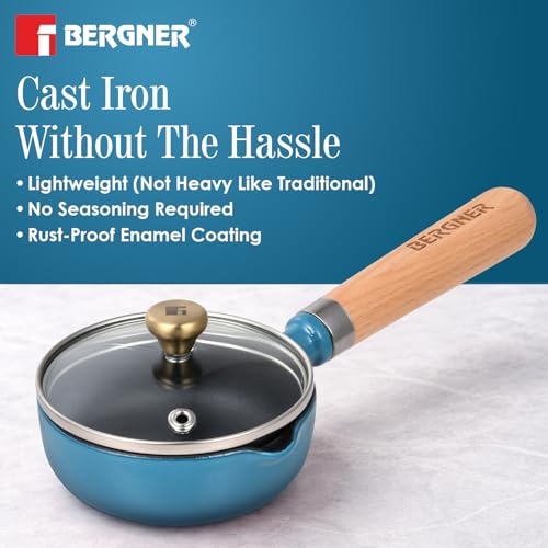 Image of BERGNER Excalibur Lightweight Cast Iron Tadka Pan with Lid 12cm, Non-Stick Vaghar Pan, PFAS Free, Perfect Heat Distribution, Elegant Design, Silicone Grips - Induction and Gas Stove Ready (Blue)
