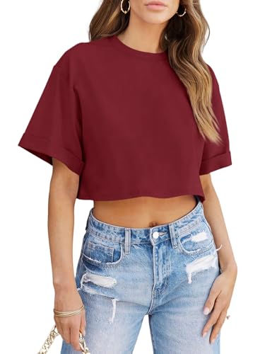 Image of Tankaneo Women Crop T-Shirts Half Sleeve Drop Shoulder Cropped Tops Y2K Casual Summer Basic Tees
