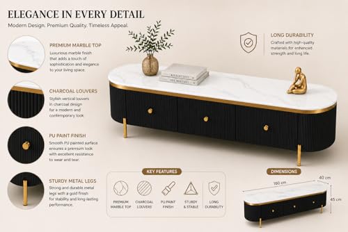 Image of Mazzo White Marble TV Unit Console | 70 inchx15 inchx18 inch | Golden Legs & Charcoal Louvers | Storage Drawers | Modern TV Stand Console Unit White Marble Top with Gold Accents, Storage (Black)