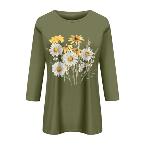 HTHLVMD Womens 3/4 Length Sleeve Tops 2025 Fall Fashion Floral Print Crewneck Causal Trendy Tunic Tops for Women