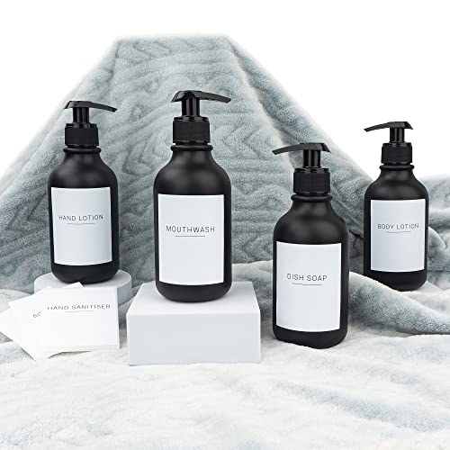 Ezebesta Set of 4 Matte Black 10.15oz Soap Dispensers with Lockable Pump Head Minimalist Lotion Bottles with 22 Labels Stickers Bathroom Accessory Organization