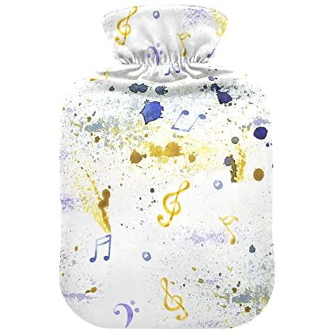 Hot Water Bottle with Cover, 1L Durable Hot Water Bag for Hand Feet Warmer, Shoulder and Neck Pain Relief, Cramps,Hot Compress and Heat Therapy, Pattern of Watercolor Music Notes Gold Style Cover