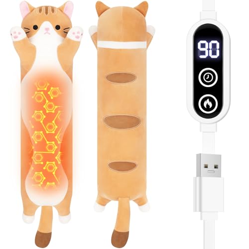 Sprinqdawin Cat Heating Pad-USB Heated Plush Stuffed Animals for Period Cramps and Menstrual Pain Relief 22 Portable Electric Kitten Heating Pads Soft Built-Pocket Plush Women Girls Birthday Orange