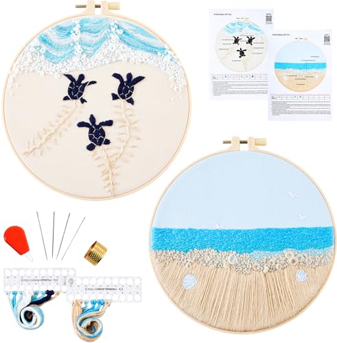 Embroidery Kit for Beginner Adults, Stamped Cross Stitch kits for Adults Beginners, Ocean Hand Embroidery Starter Needlepoint Kit, 2 Set Embroidery Supplies, 2 Hoops (Attached Teaching Video QR Code)