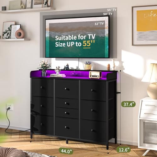 Yoobure Dresser for Bedroom with Charging Station and LED Lights, Tall TV Stand with 10 Storage Drawers, Fabric Wood Dressers & Chests of Drawers for Kids Bedroom Closet Organizer, Black
