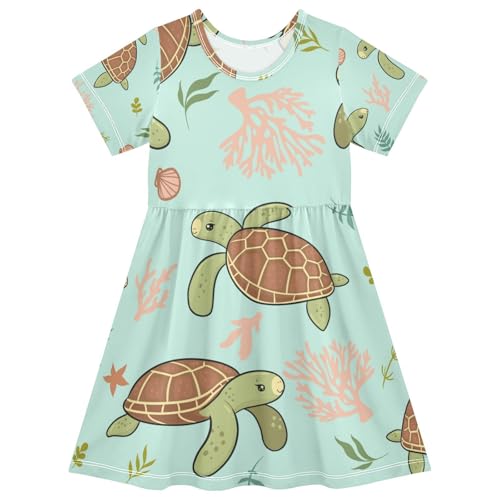 OTVEE Girls Cute Sea Turtles Dresses Swing A-Line Short Sleeve Dresses Casual Clothes,5-6T