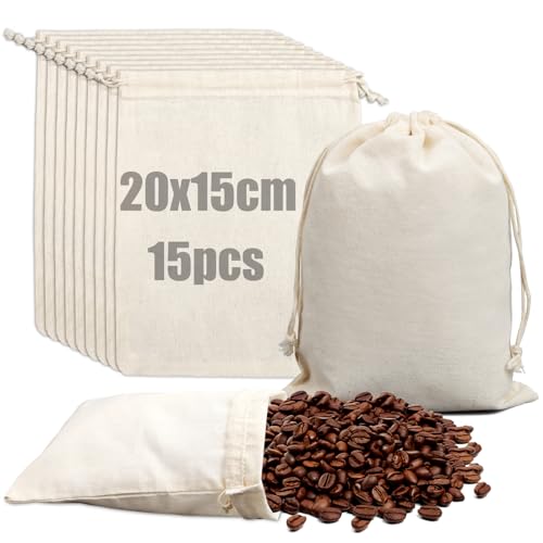 Pochon Tissu 20 x 15cm- 15 Pièces Pochon Coton Sachet Tissu avec Cordon Sacs en Lin Petits Pochon Cadeau Reutilisable Sac en Coton Pochette Toile pour DIY Cafe Bijoux...