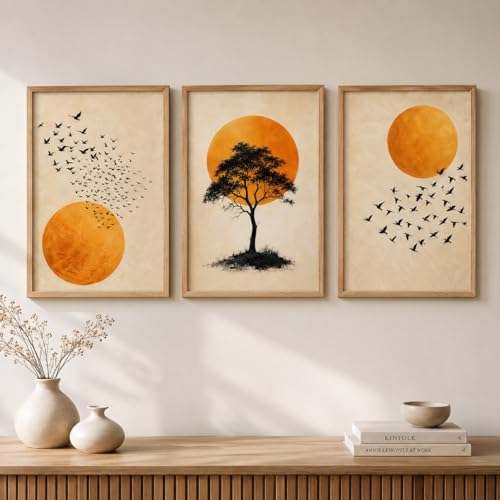 Image of Artify Set of 3 Tree Birds Sun Wall Painting for Living Room Bedroom Hall Office Decor, Premium Wooden Synthetic Frame Nature Artwork Gift