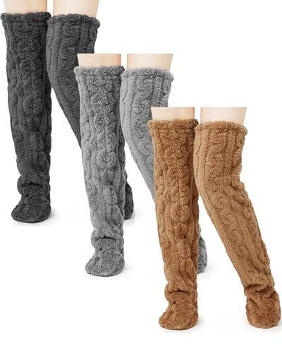 Image of Geyoga 3 Pairs Over Knee Fuzzy Socks High Fuzzy Leg Warmers Over Knee Plush Slipper Socks for Women Christmas Sleeping