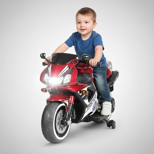 Image of Jammbo Battery Operated Bike for Kids with Foot Accelerator & Music | Rechargeable Ride on Bike with Training Wheels & LED Light | Baby Electric Bike for Kids to Drive 2 to 8 Years (Red) (Red)
