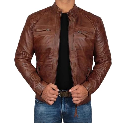 Men's Autumn Winter Leather Jacket Casual Stand Collar Zipper Slim Fit Anti-Wind Motorcycle Biker Coat
