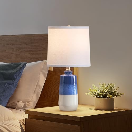 EUO 20.5" Ceramic Blue Lamps for Nightstand Set of 2, Blue Table Lamps for Living Room Set of 2, Coastal Table Lamps for Bedroom with White Barrel Lampshade, Blue White Ceramic Lamps for Small Space - Image 6