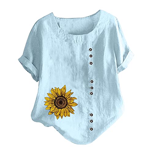 Camisas de linho para mulheres manga curta camiseta feminina de algodão top ajuste solto estampa cas