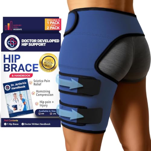 Dr. Arthritis Hip Brace, Adjustable Sciatic Nerve Brace &amp; Stabilizer for Pulled Muscles &amp; Injury Recovery, Hamstring Compression Sleeve Support, Sciatica Pain Relief Devices for Men &amp; Women (S/M, Navy)