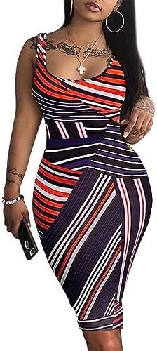 Bodycon Dresses for Women Sexy Tank Sleeveless Midi Short Club Party Night Out Birthday Basic Top Dress (Stripes-XL)