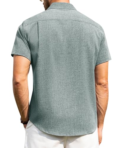 Image of Alimens & Gentle Mens Linen Shirts Short Sleeve Button Down Shirts Wrinkle Free Casual Vacation Beach Summer Tops
