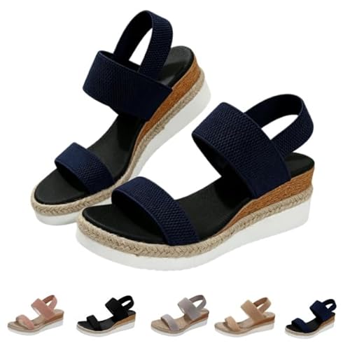 Wedge Sandals for Women Summer Open Toe Flatform Wedges with Elastic Ankle Strap Casual Walking Arch Support Wedges (24.5 cm,Blu