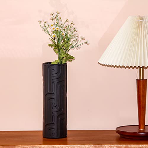 Tall Black Vases 12.2" For Decor, Ceramic Cylinder Vase, Flower Vases, Farmhouse Rustic Vases, Dining Table Shelf Home Decor, Decorative Boho Vase, Living Room Décor, Pampas, Creative Vintage Vase #TOP3