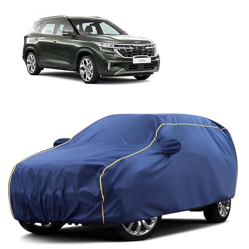 Image of Sulfar 100% Water Resistant Car Body Cover Compatible with Mirror for Kia Seltos (Triple Stitched, Full Bottom Elastic, Blue Taffeta with Yellow Piping)
