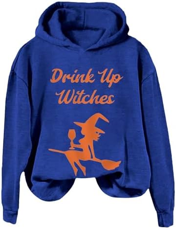 Halloween Hoodies for Women Fly Witch Letter Printed Sweatshirt Drawstring Long Sleeve Crew Neck Pullover Sweatshirts