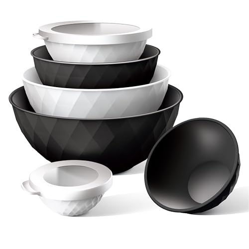 COOK WITH COLOR Mixing Bowls with Lids - 12 Piece Plastic Nesting Bowls Set includes 6 Prep Bowls and 6 Lids, Diamond Design - Microwave Safe, Black and White